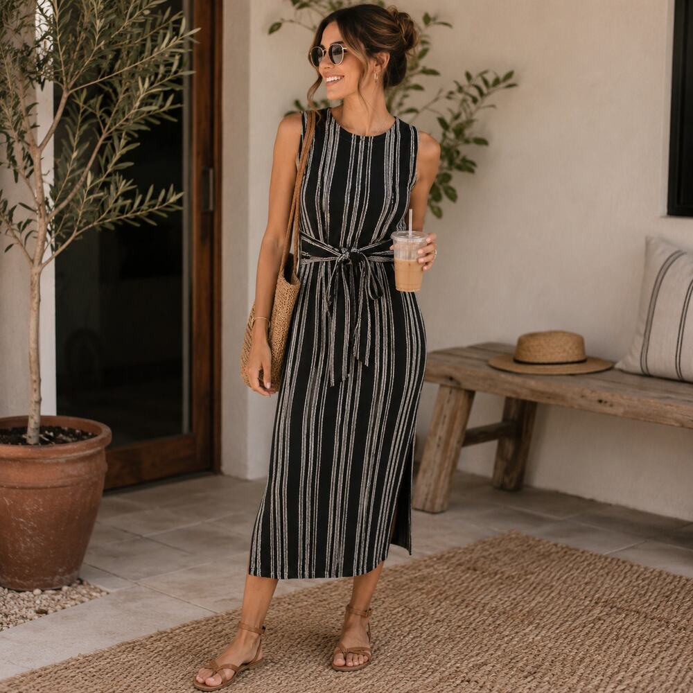 LOFT Sz Small Black Textured White Eyelash Striped Tie Stretch Summer Dress